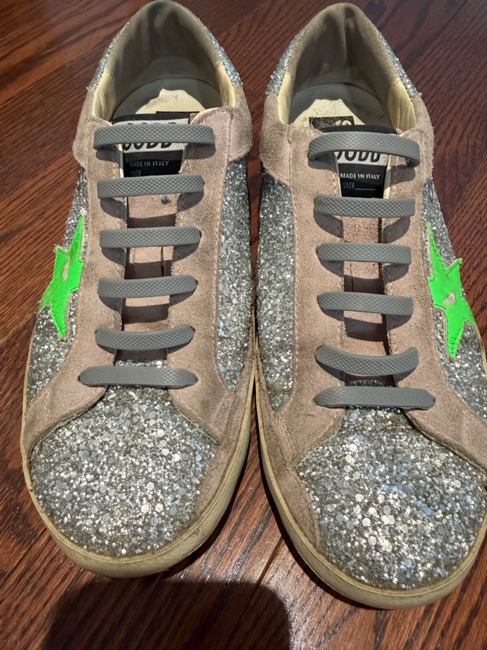 Golden Goose Silver Glitter Sneakers with Neon Green Star - Picture 2 of 11